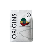 Coffee bag labeled 'Origins Ethiopia Yirgacheffe' with a map and flag design on a white background