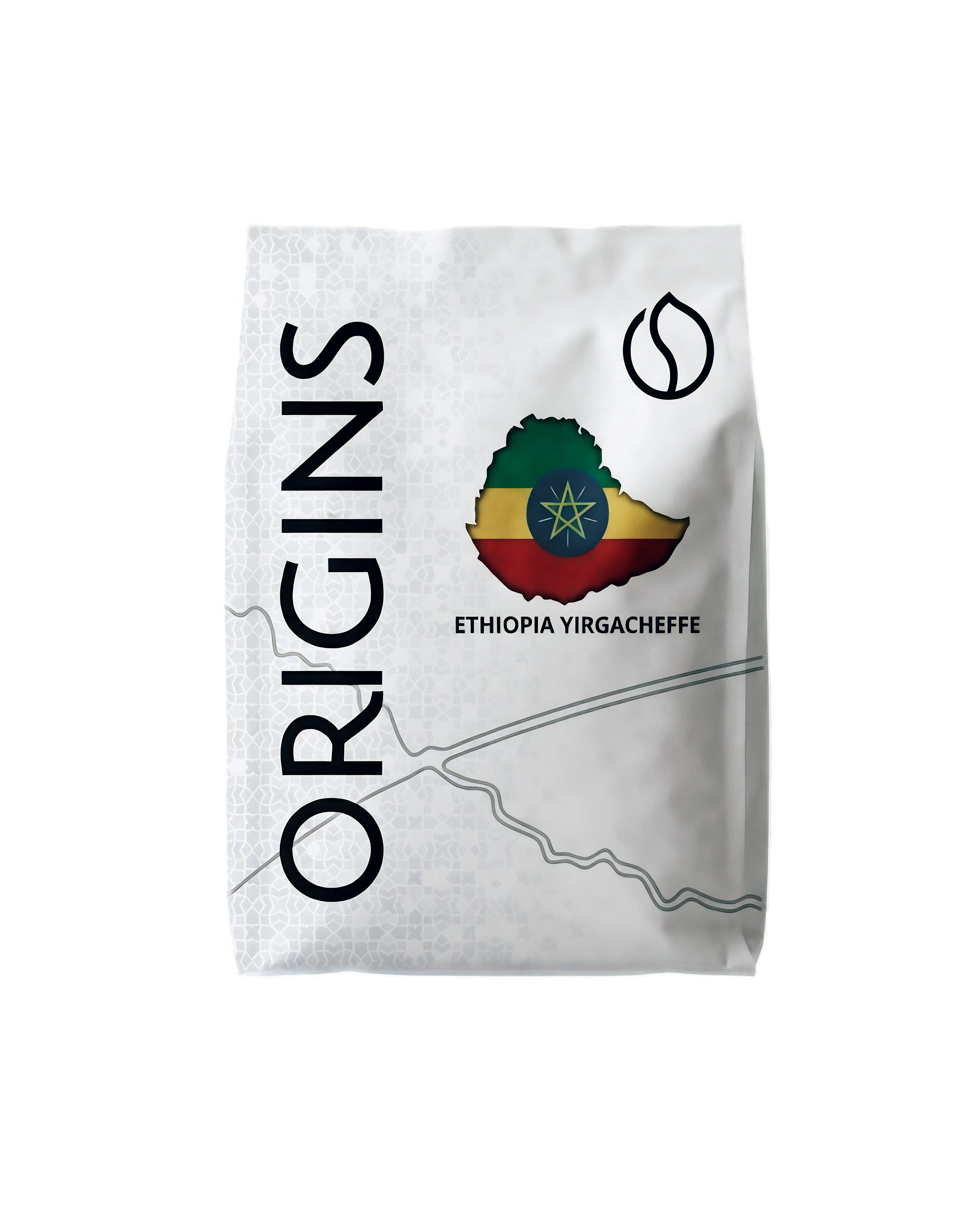Coffee bag labeled 'Origins Ethiopia Yirgacheffe' with a map and flag design on a white background