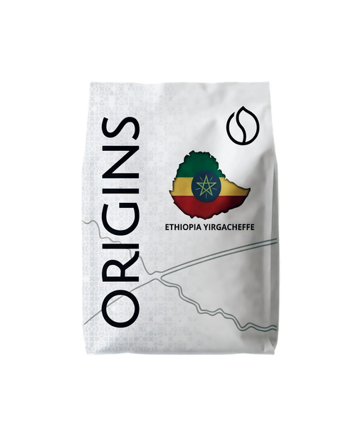 Coffee bag labeled 'Origins Ethiopia Yirgacheffe' with a map and flag design on a white background