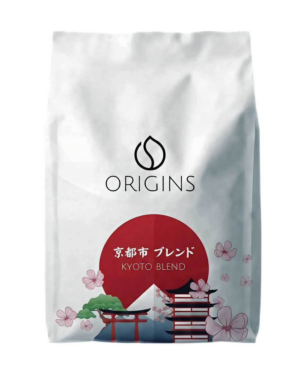 Coffee bag with 'Origins' branding and Kyoto Blend text on a white background
