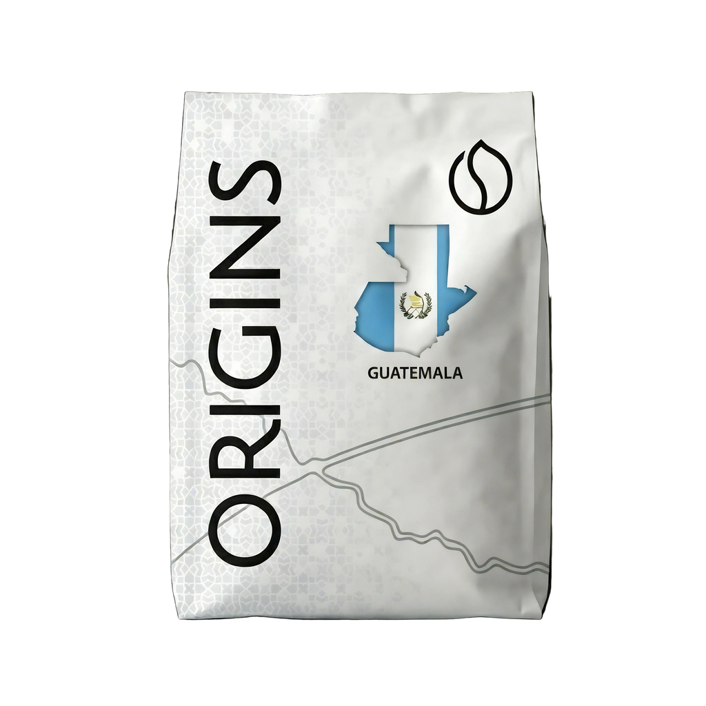 Coffee bag labeled 'Origins Guatemala' with a map design on a dark background