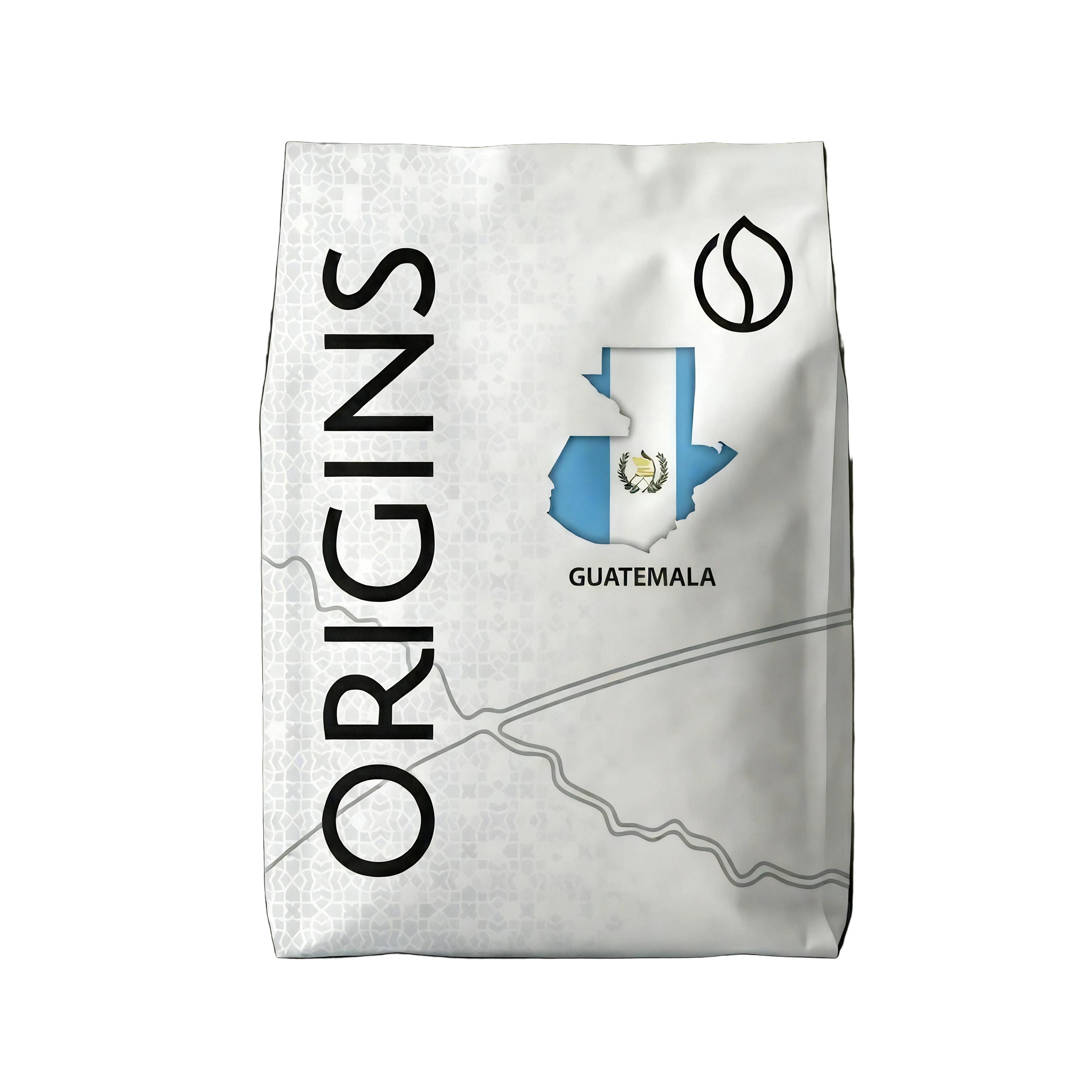 Coffee bag labeled 'Origins Guatemala' with a map design on a dark background