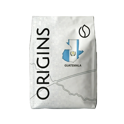 Coffee bag labeled 'Origins Guatemala' with a map design on a dark background