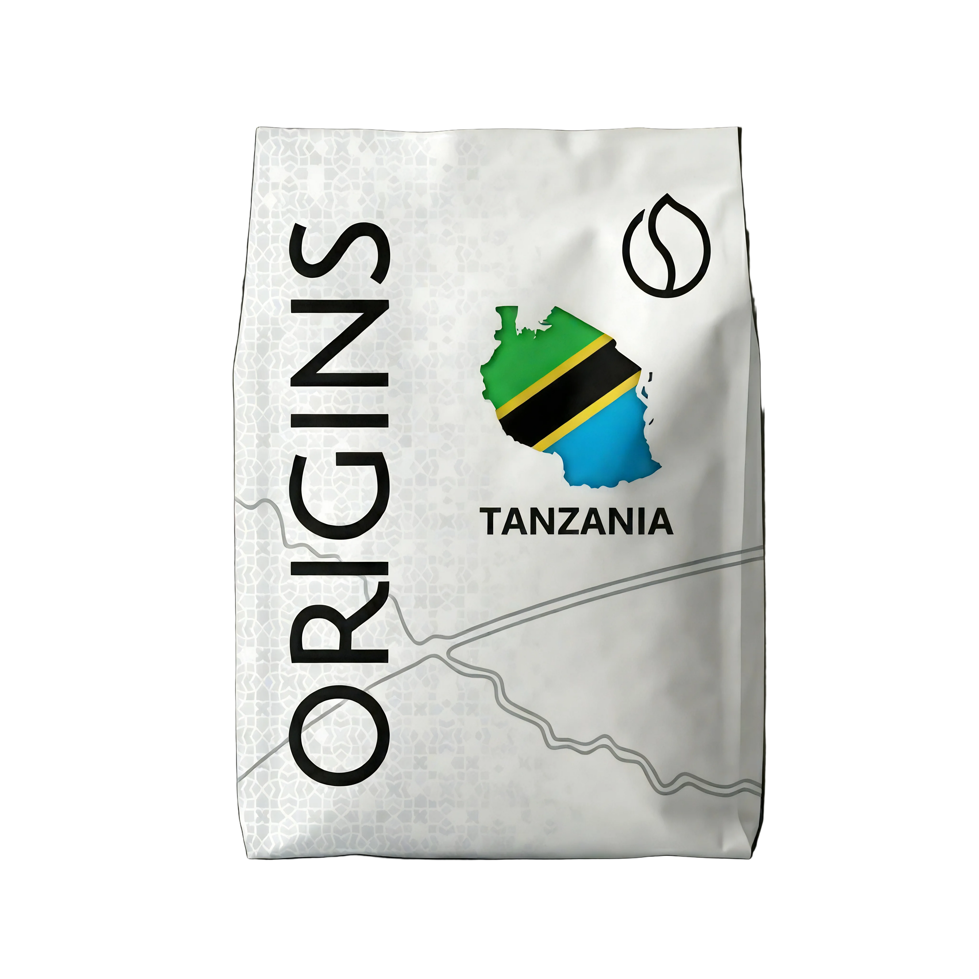 Coffee bag labeled 'Origins Tanzania' with a map and flag design on a dark background