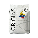 Coffee bag labeled 'Origins' with a map of Colombia on a dark background