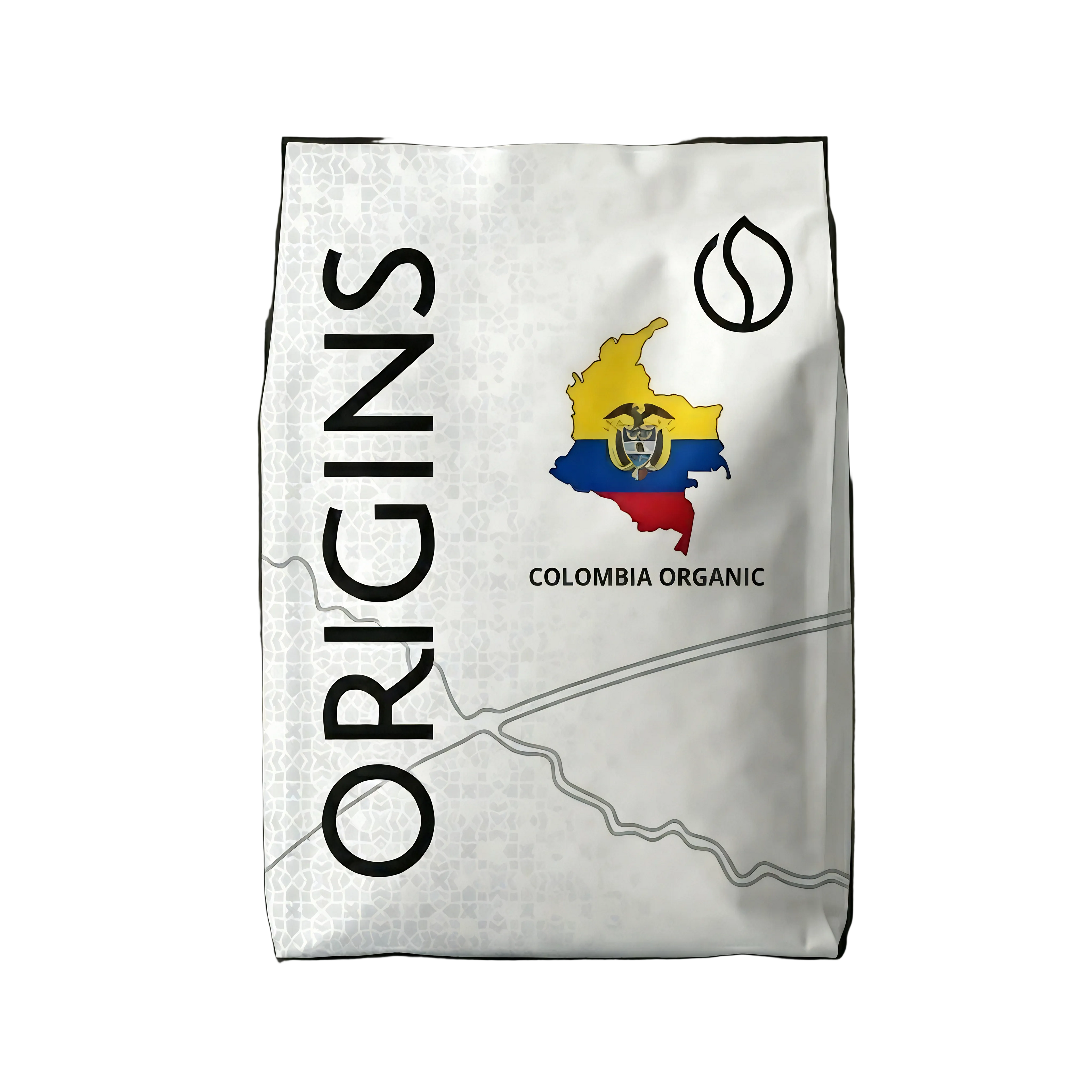 Coffee bag labeled 'Origins' with a map of Colombia on a dark background