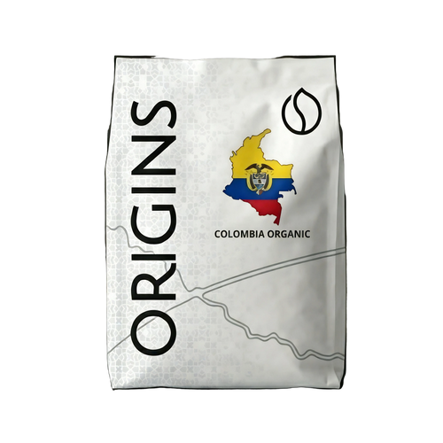 Coffee bag labeled 'Origins' with a map of Colombia on a dark background